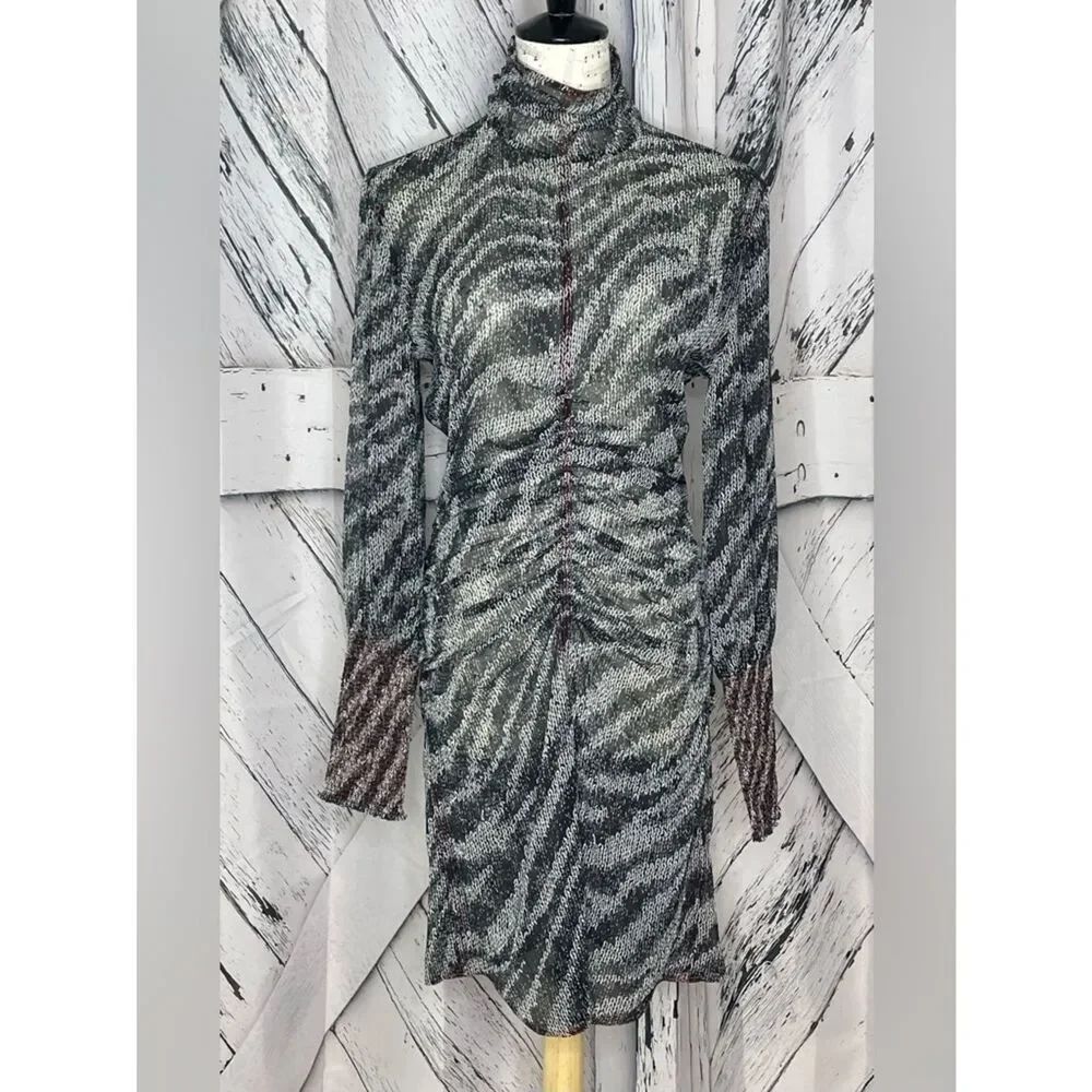 RAG & BONE Maris Ruched Zebra-Print Silk-Georgette Sheer Mini Dress Size 6
